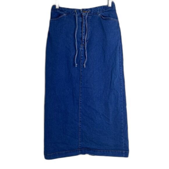 Cherokee Blue Denim Cotton Maxi Skirt Tie Waist Pockets Vintage Size 10 - Picture 1 of 7